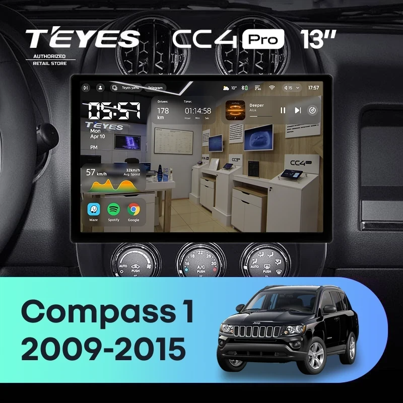 Штатная магнитола для Jeep Compass 1 MK (2009-2015) (Экран 13") - Teyes CC4 Pro на Android 13, 8-ядер, 8ГБ-128ГБ, SIM-слот
