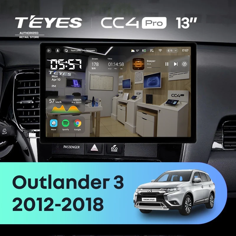 Штатная магнитола для Mitsubishi Outlander 3 GF0W GG0W (2012-2018) (Экран 13") - Teyes CC4 Pro на Android 13, 8-ядер, 8ГБ-128ГБ, SIM-слот