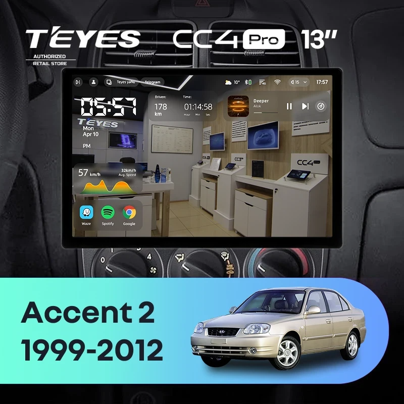 Штатная магнитола для Hyundai Accent II LC2 (1999-2012) (Экран 13") - Teyes CC4 Pro на Android 13, 8-ядер, 12ГБ-256ГБ, SIM-слот