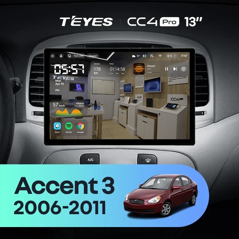 Штатная магнитола для Hyundai Accent 3 (2006-2011) (Экран 13") - Teyes CC4 Pro на Android 13, 8-ядер, 12ГБ-256ГБ, SIM-слот