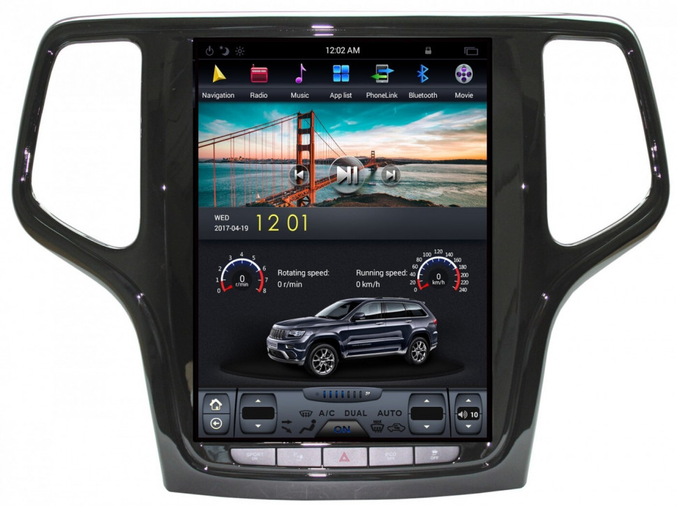 Магнитола для Jeep Grand Cherokee 2013-2022 (черный/шампань) - Carmedia ZF-1217-Q6 ("Тесла-Стиль") Android 11, 8ГБ+128ГБ, SIM-слот (CarPlay)