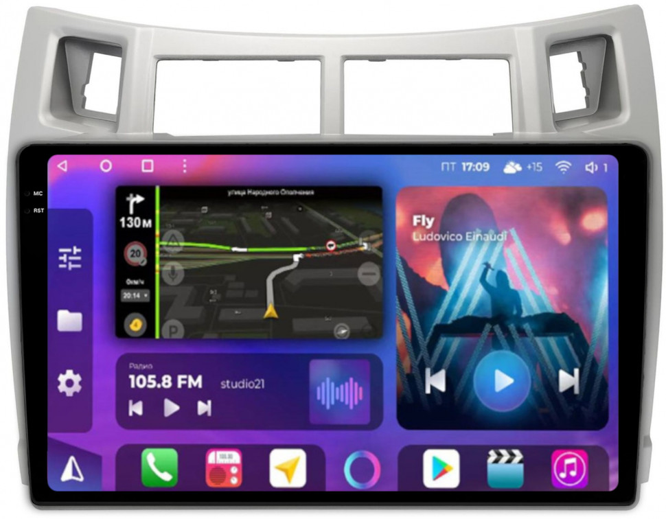 Магнитола для Toyota Vitz 2, Yaris 2 2005-2011 (серебро/черный) - FarCar XXL3022M Android 12, QLED, ТОП процессор, 8Гб+256Гб, CarPlay, SIM-слот (CarPlay)