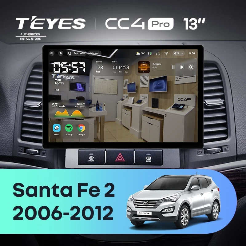Штатная магнитола для Hyundai Santa Fe 2 (2006-2012) (Экран 13") - Teyes CC4 Pro на Android 13, 8-ядер, 12ГБ-256ГБ, SIM-слот