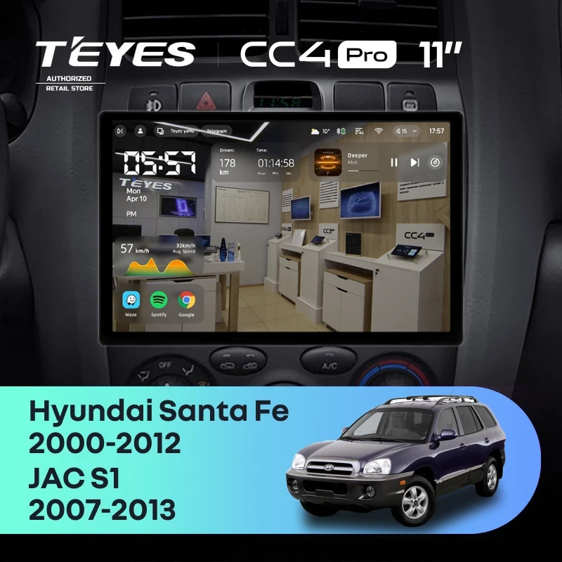 Штатная магнитола для Hyundai Santa Fe SM (2000-2012) / JAC S1 (2007-2013) (Экран 11") - Teyes CC4 Pro на Android 13, 8-ядер, 8ГБ-128ГБ, SIM-слот