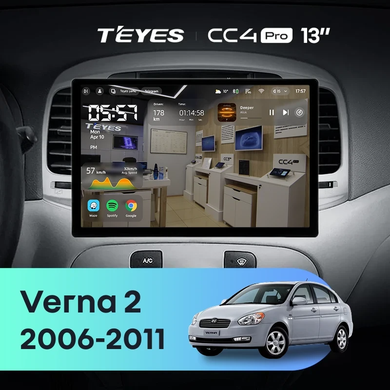 Штатная магнитола для Hyundai Verna 2 (2006-2011) (Экран 13") - Teyes CC4 Pro на Android 13, 8-ядер, 12ГБ-256ГБ, SIM-слот
