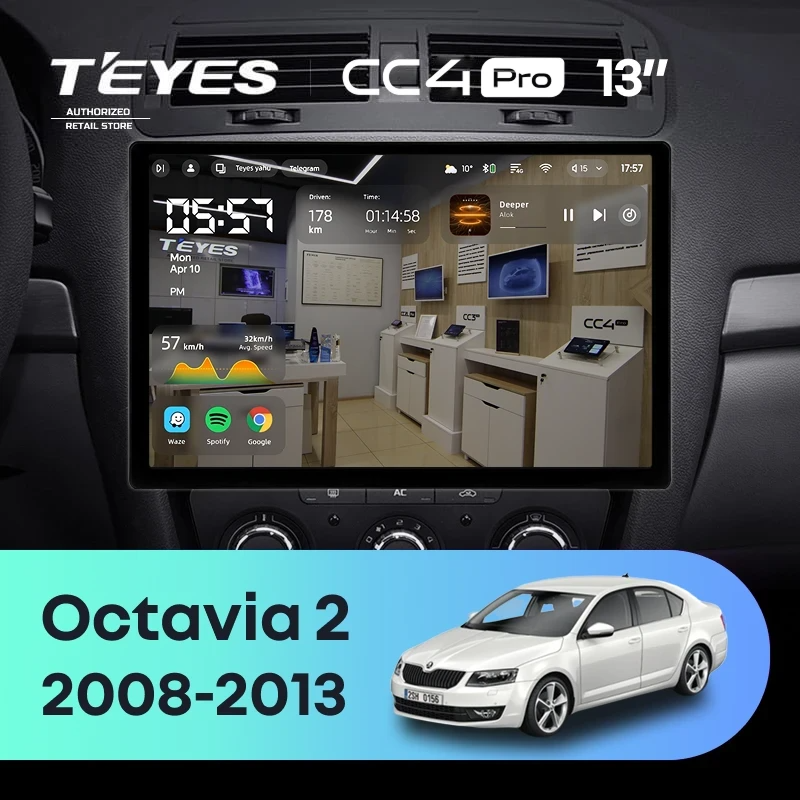 Штатная магнитола для Skoda Octavia 2 A5 (2008-2013) (Экран 13") - Teyes CC4 Pro на Android 13, 8-ядер, 12ГБ-256ГБ, SIM-слот