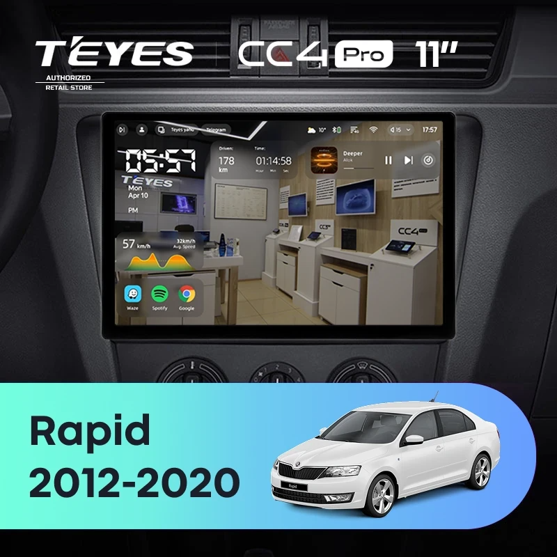 Штатная магнитола для Skoda Rapid NH3 NH1 (2012-2020) (Экран 11") - Teyes CC4 Pro на Android 13, 8-ядер, 12ГБ-256ГБ, SIM-слот