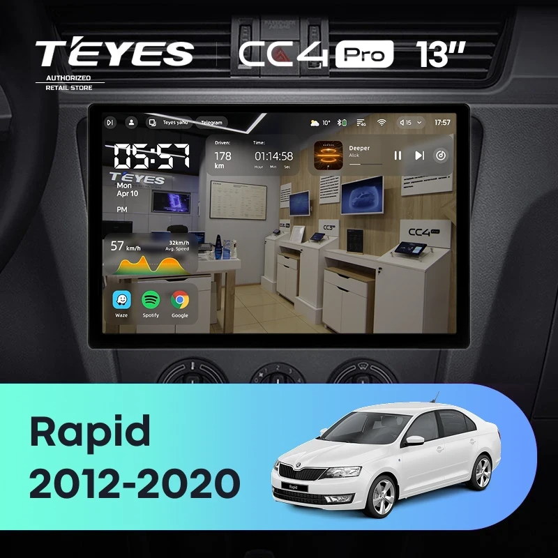 Штатная магнитола для Skoda Rapid NH3 NH1 (2012-2020) (Экран 13") - Teyes CC4 Pro на Android 13, 8-ядер, 12ГБ-256ГБ, SIM-слот